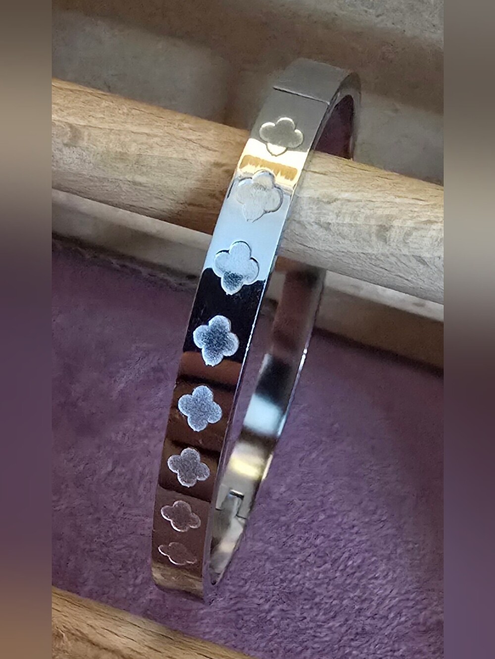 Engraved Multi - Clover Silver Plated Stainless Steel Bracelet Anti - Tarnish